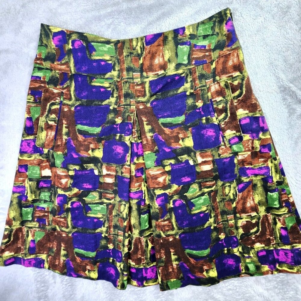 Vintage Pleated Skirt Womens L Green Purple Geometric Artsy Boho Festive Pockets
